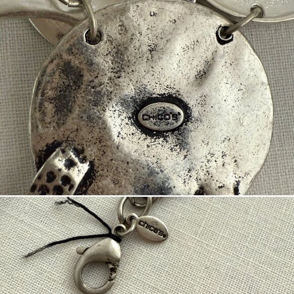 Chicos Hammered Disc Bib Necklace 17 to 20in Silver Tone Statement Chain - Picture 5 of 15